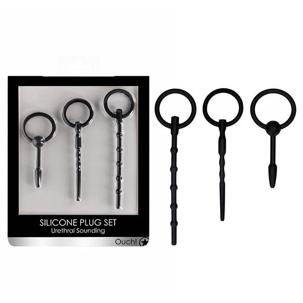 Ouch! urethral sounding plug set - Product front view and box front view | Flirtybay.com.au